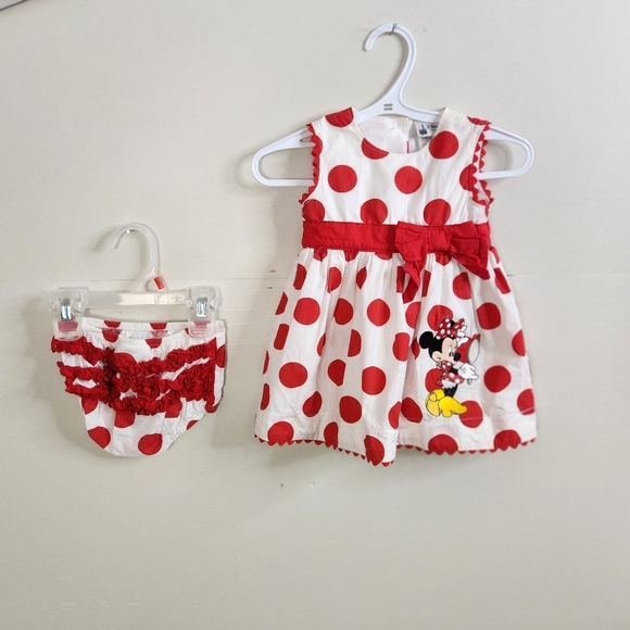 Disney Parks Baby Girl Minnie Mouse Polka Dot Red White Dress Bloomers 6 Months - Picture 1 of 8